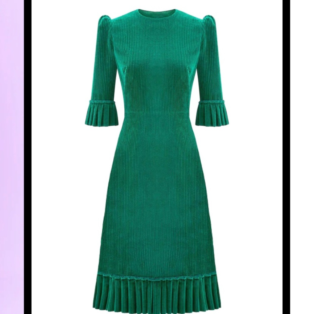Emerald Green Midi Dress with Pleated Cuffs and Hem